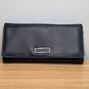 Black Faux Leather Tri Fold Wallet with Gold Accent‎ and Zip Pocket